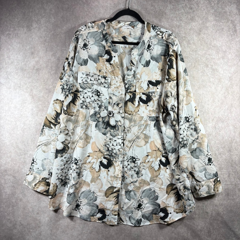 Calvin Klein Blouse Women 3X Gray Floral‎ Button Front Roll Tab Sleeve Utility